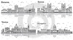 Outline Venice Italy, Sanaa Yemen, Montpelier Vermont and Geneva Switzerland City Skylines Set