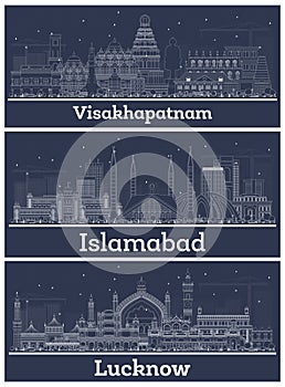 Outline Visakhapatnam, Lucknow India and Islamabad Pakistan City Skylines Set with White Buildings