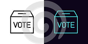 Outline vote box icon, with editable stroke. Linear voting box with text Vote, public polling and election day pictogram. Politic