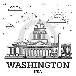 Outline Washington DC USA City Skyline with Modern Buildings Isolated on White. Illustration. Washington DC Cityscape with