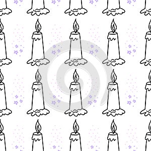 Outline wax candle seamless pattern. Burning wax light in church vector illustration. Religion and fait