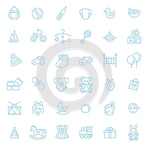 Outline web icon set. Baby toys, feeding and care