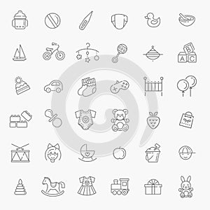 Outline web icon set. Baby toys, feeding and care