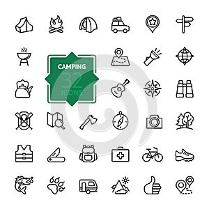 Outline web icon set - summer camping, outdoor, travel. photo