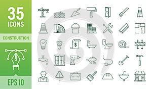 Outline web icons set. Construction and home repair tools, building. Work safety. Vector stock illustration.