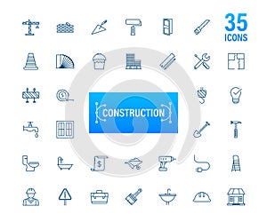 Outline web icons set. Construction and home repair tools, building. Work safety. Vector stock illustration.