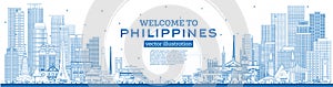 Outline Welcome to Philippines City Skyline with Blue Buildings