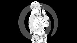 Outline white sketch of slim woman in construction helmet with long hair speaks in a walkie talkie on black background