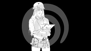 Outline white sketch of slim woman in construction helmet with long hair writes measurements on a paper tablet on black