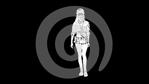 Outline white sketch of slim woman with long hair in construction helmet and shorts is walking on black background