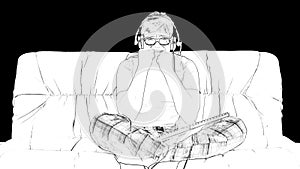 Outline white sketch of young gamer in glasses and big headphones is sitting on a couch, playing and winning in video