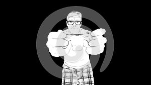 Outline white sketch of young gamer in glasses is playing in video games on black background.