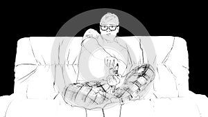 Outline white sketch of young gamer in glasses is sitting on a couch, playing in video games on black background.