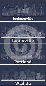 Outline Wichita Kansas, Louisville Kentucky, Portland Oregon and Jacksonville Florida USA City Skyline Set with White Buildings