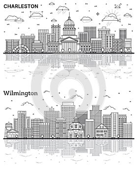 Outline Wilmington Delaware and Charleston West Virginia USA City Skyline set with Modern Buildings and Reflections Isolated on