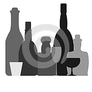 Outline wine bottles and glasses in simple flat design