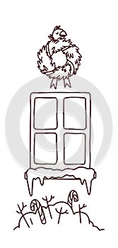 Outline winter snowy house window with wreath and snowdrift with candies. Vector cartoon contour illustration. Coloring book page