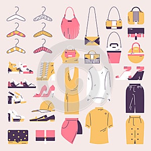 Outline woman wardrobe elements. Clothes, shoes and bags drawn in pink and yellow