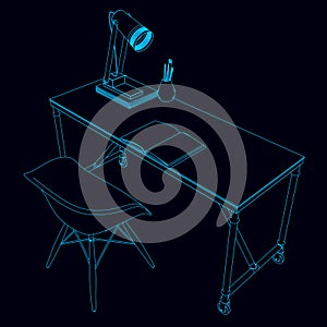 The outline of a workplace with a table, chair, desk lamp and a notebook made of blue lines on a dark background
