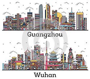 Outline Wuhan and Guangzhou China City Skylines with Color Buildings Isolated on White