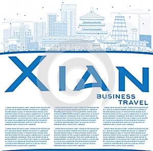 Outline Xian Skyline with Blue Buildings and Copy Space.