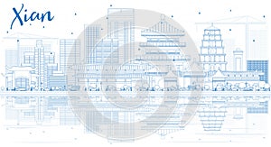 Outline Xian Skyline with Blue Buildings and Reflections.