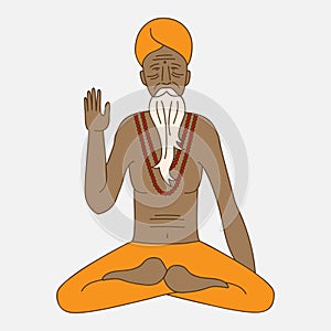 Outline yoga meditating sadhu, logo asia hinduism monk, india religious man character