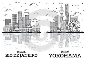 Outline Yokohama Japan and Rio de Janeiro Brazil City Skyline Set