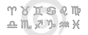 Outline zodiac signs set, astrological symbols of twelve zodiacal constellations. Horoscope black line art icons