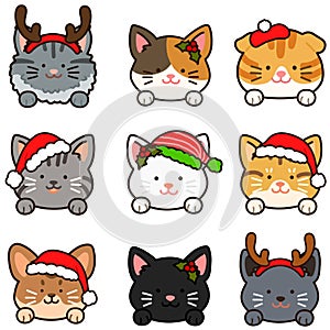 Outlined adorable and simple cat heads with front paws set Christmas version