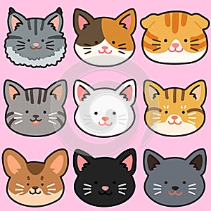 Outlined adorable and simple cat heads set