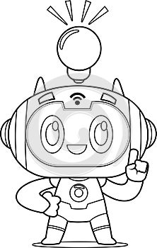 Outlined AI Robot Chat Bot Cartoon Character Having A Bright Idea With A Light Bulb