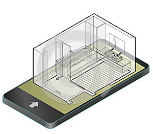 Outlined bathroom with wooden floor in mobile phone. Wire isometric shower enclosure.