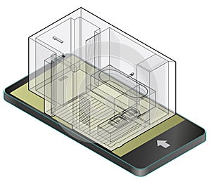 Outlined bathroom with wooden floor in mobile phone. Wire isometric shower enclosure.