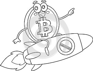 Outlined Bitcoin Cartoon Character Flying On The Rocket And Pointing