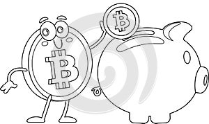 Outlined Bitcoin Cartoon Character Putting Coin In Piggy Bank