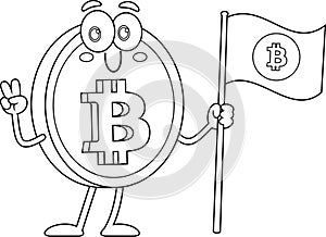 Outlined Bitcoin Cartoon Character Showing Victory Hand Sign And Waving Flag