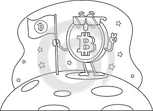 Outlined Bitcoin Cartoon Character Showing Victory Hand Sign And Waving Flag On The Moon