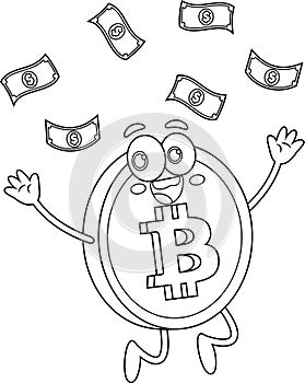 Outlined Bitcoin Cartoon Character Tossing Money Up In The Air