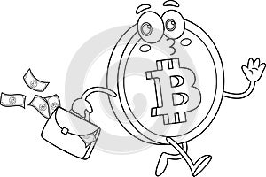 Outlined Bitcoin Cartoon Character Walking With Briefcase Full Of Money