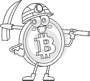 Outlined Bitcoin Miner Cartoon Character Holding Pickaxe