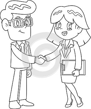 Outlined Business Man And Woman Cartoon Characters Shaking Hands At Meeting