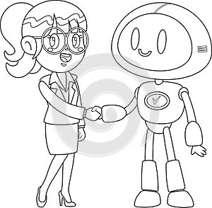 Outlined Business Woman And AI Robot Cartoon Characters Shaking Hands At Meeting