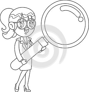Outlined Business Woman Cartoon Character With Big Magnifying Glass