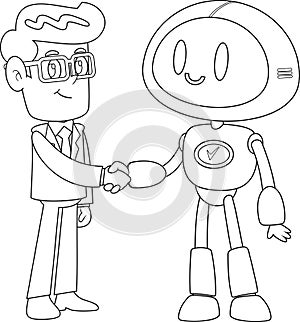 Outlined Businessman And AI Robot Cartoon Characters Shaking Hands At Meeting