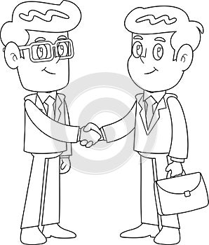 Outlined Businessmen Cartoon Characters Shaking Hands At Meeting