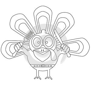 Outlined cartoon turkey. Happy Thanksgiving day concept. Kids coloring book.