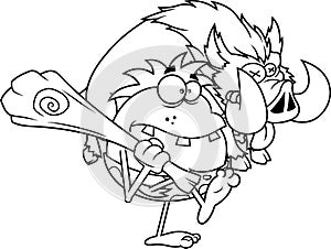 Outlined Caveman Cartoon Character With Club Carrying Boar