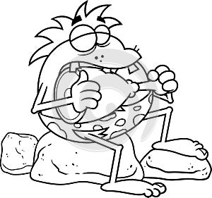 Outlined Caveman Cartoon Character Eating Meat