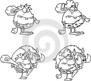 Outlined Caveman Cartoon Characters. Vector Hand Drawn Collection Set